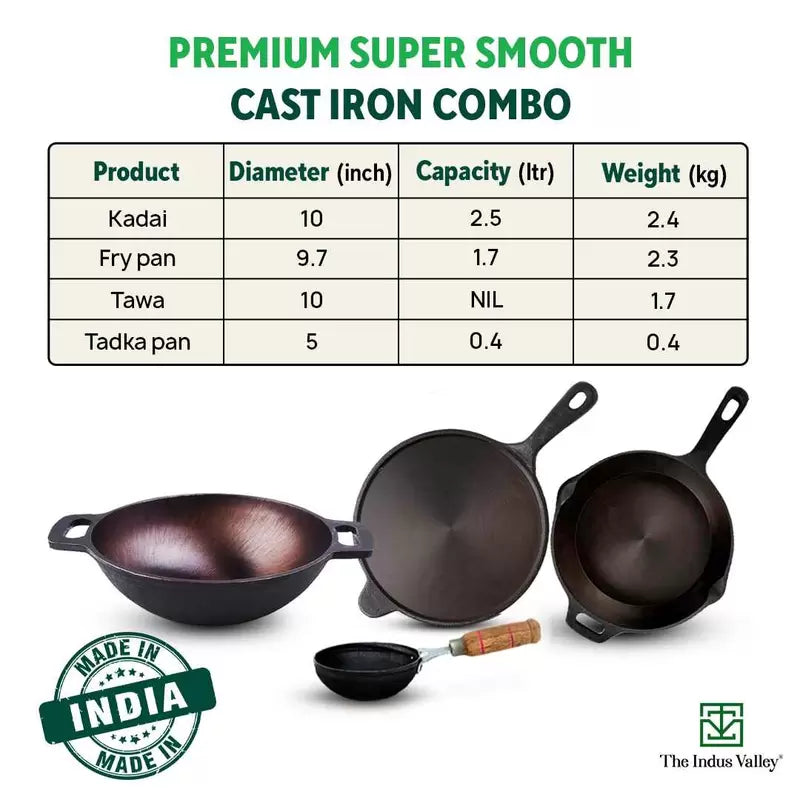 The Indus Valley Super Smooth Cast Iron Set: Kadai+ Tawa+ Frypan, Kitchen set for Home, Nonstick, 100% Pure, Toxin