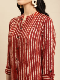 Thumbnail for round-neck-striped-printed-roll-up-sleeve-a-line-kurta