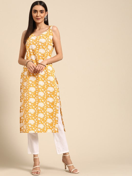 women-yellow-&-white-pure-cotton-floral-printed-floral-kurta