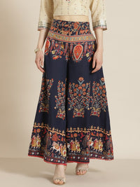 Thumbnail for women-navy-blue-&-orange-ethnic-motifs-printed-flared-palazzos-with-scrunchie