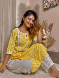 Thumbnail for xyz-women-yellow-&-white-block-print-straight-kurta