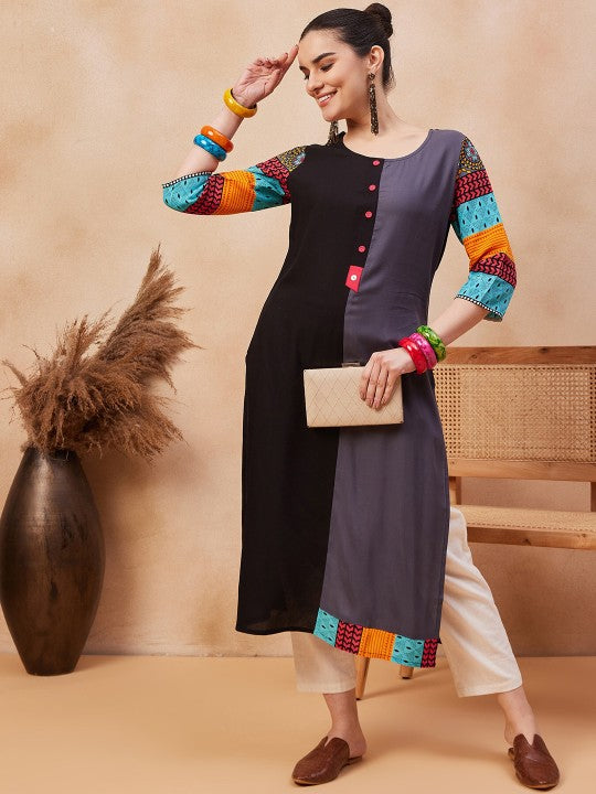 Floral Printed Round Neck Pure Cotton Straight Kurta
