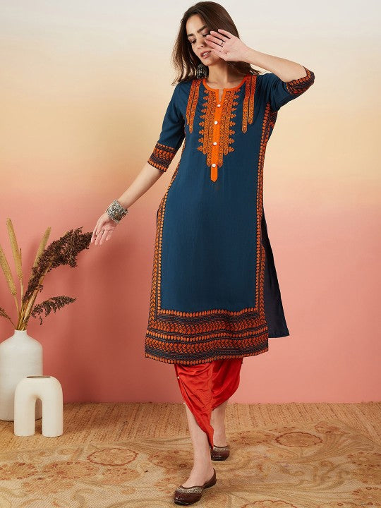 Floral Yoke Printed Mirror Work Kurta