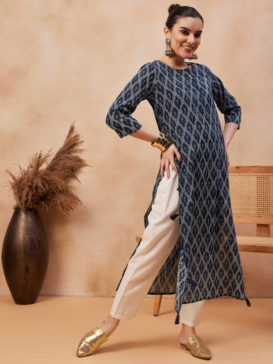 Floral Printed Round Neck Pure Cotton Straight Kurta