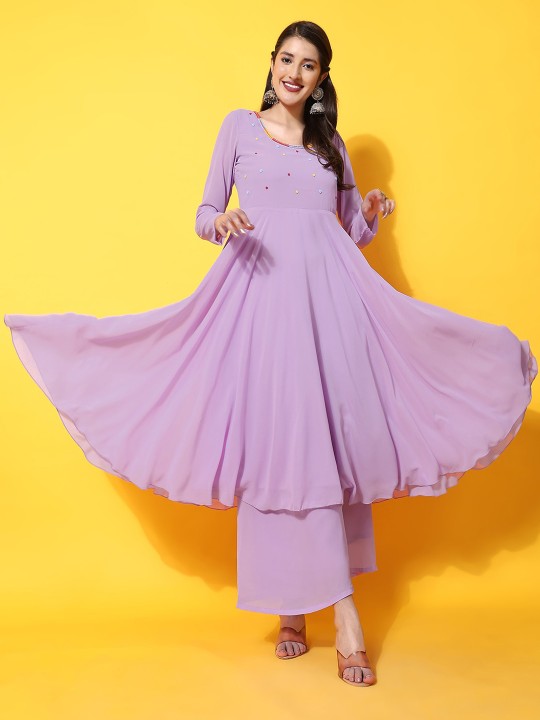 Women Burgundy Ethnic Motifs Georgette Anarkali Kurta