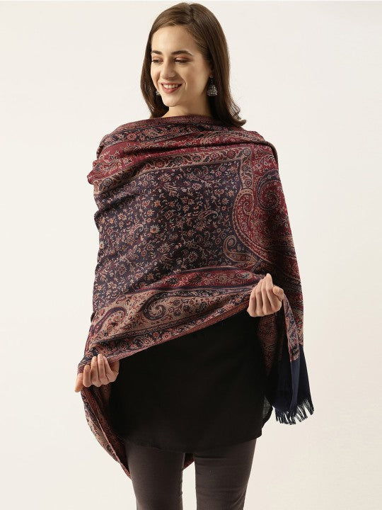 Women Red Woven Design Jamawar Shawl
