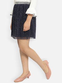 Thumbnail for girls-navy-blue-&-silver-self-design-flared-skirts