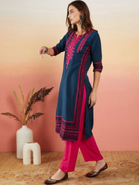 Thumbnail for xyz-navy-blue-ethnic-motifs-embroid-straight-kurta
