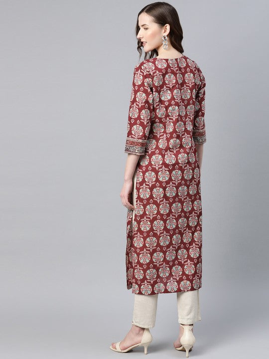 women-burgundy-&-blue-pure-cotton-printed-a-line-tunic