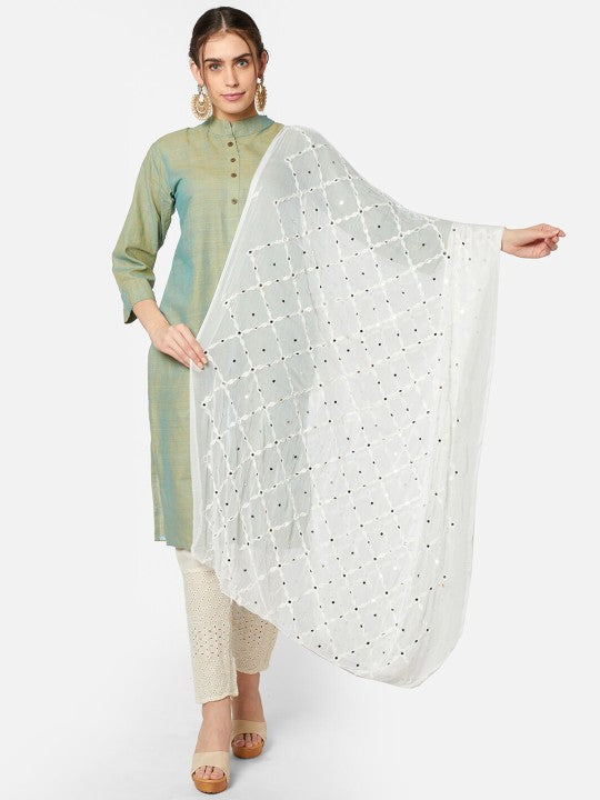 Pink Ethnic Motifs Embroidered Dupatta with Mirror Work