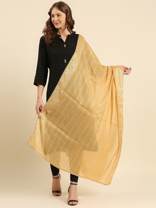 Women Cream-Coloured & Gold-Toned Printed Dupatta with Sequinned