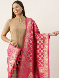 Thumbnail for pink-&-gold-toned-ethnic-motifs-woven-design-pure-banarasi-silk-dupatta
