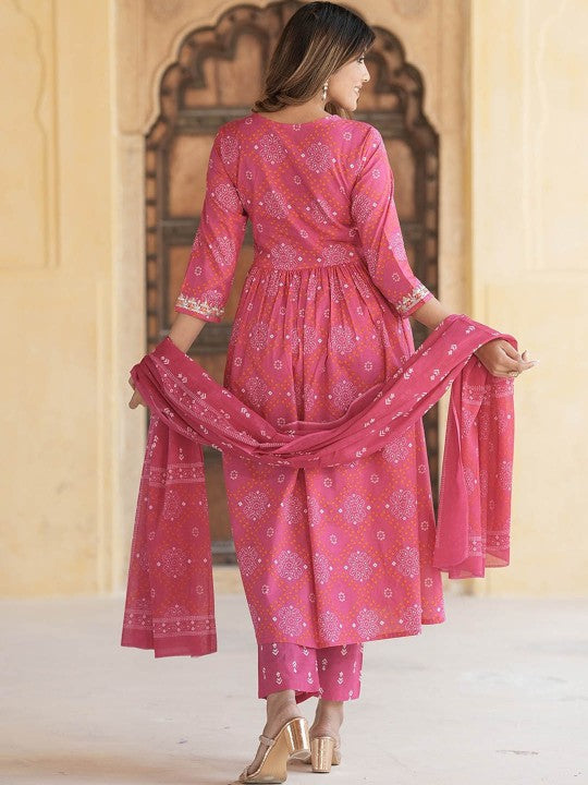 Notch Neck Bandhani Embroidered Regular Thread Work Pure Cotton Kurta Set