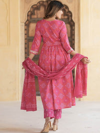 Thumbnail for Notch Neck Bandhani Embroidered Regular Thread Work Pure Cotton Kurta Set