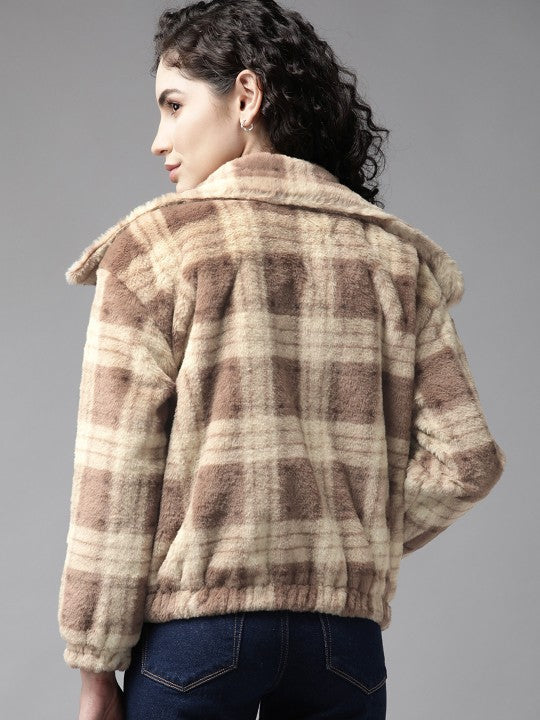 the-lifestyle-co.-women-beige-&-brown-checked-faux-fur-trim-tailored-jacket