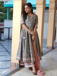 Thumbnail for women-blue-floral-regular-gotta-patti-pure-cotton-kurta-with-palazzos-&-dupatta