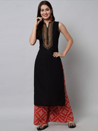 Thumbnail for floral-embroidered-mirror-work-mandarin-collar-straight-kurta