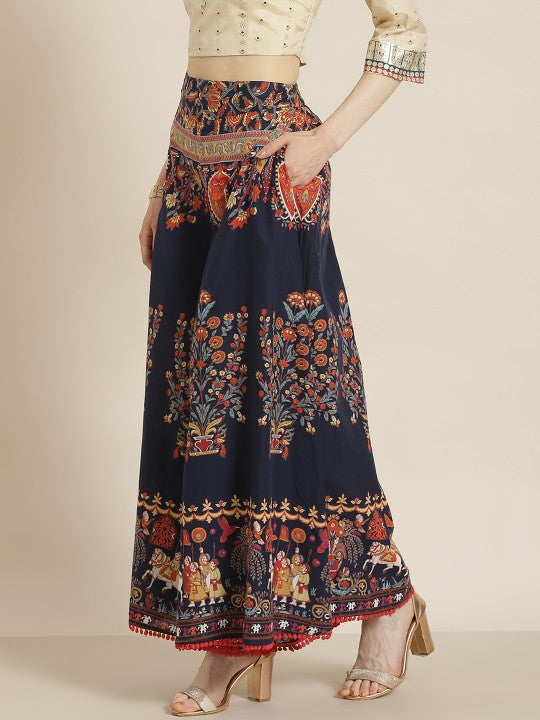 women-navy-blue-&-orange-ethnic-motifs-printed-flared-palazzos-with-scrunchie
