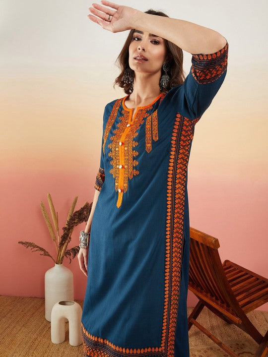 Floral Yoke Printed Mirror Work Kurta