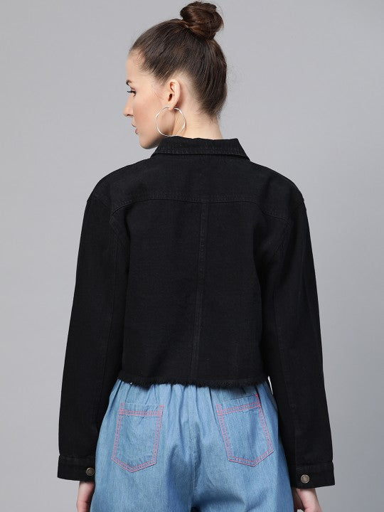 women-black-solid-fringed-hem-denim-jacket
