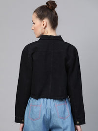 Thumbnail for women-black-solid-fringed-hem-denim-jacket