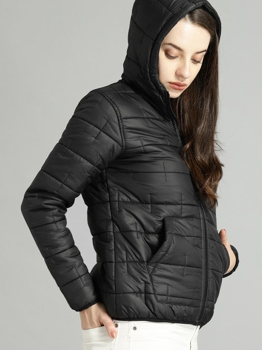 women-black-solid-puffer-jacket