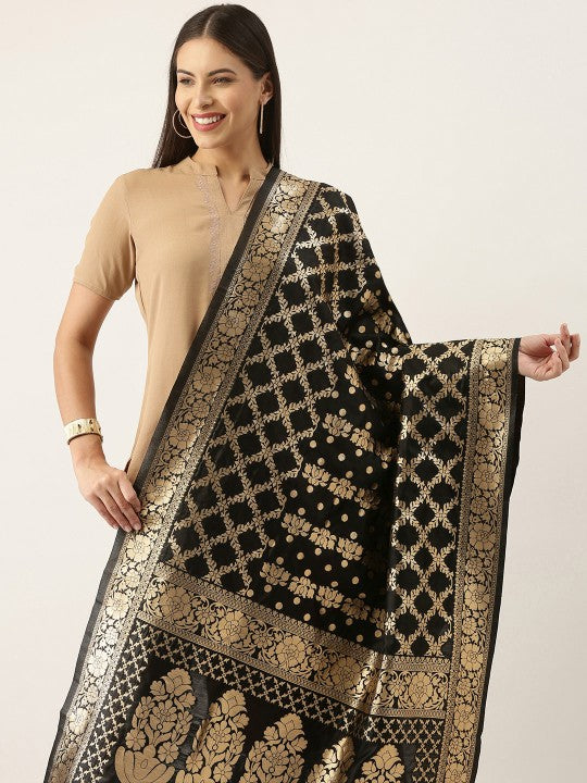 Pink & Gold-Toned Ethnic Motifs Woven Design Pure Banarasi Silk Dupatta