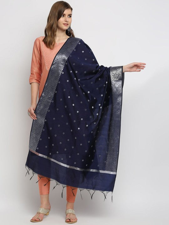 women-navy-blue-&-silver-toned-woven-design-dupatta