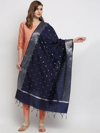 Thumbnail for women-navy-blue-&-silver-toned-woven-design-dupatta