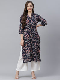 Thumbnail for women-navy-blue-ethnic-motifs-print-kurta
