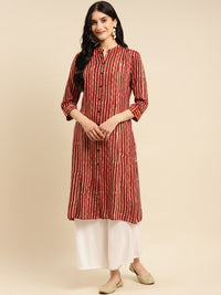 Thumbnail for round-neck-striped-printed-roll-up-sleeve-a-line-kurta