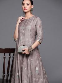 Thumbnail for women-grey-&-golden-floral-motifs-printed-a-line-kurta-with-pocket
