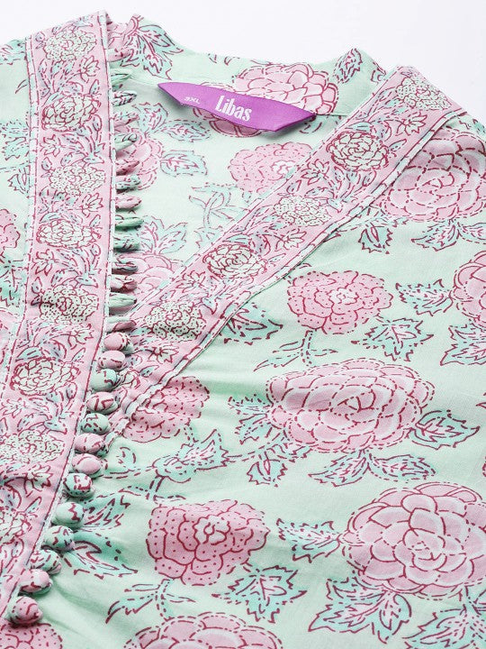 women-plus-size-blue-&-pink-pure-cotton-floral-printed-floral-kurta