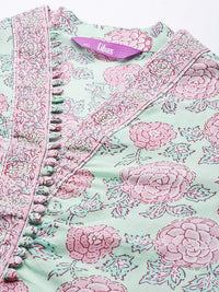 Thumbnail for women-plus-size-blue-&-pink-pure-cotton-floral-printed-floral-kurta