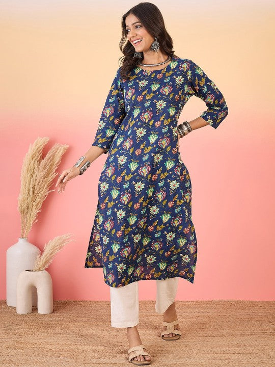 Women Green & Red Floral Printed Pure Cotton Kurta