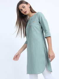 Thumbnail for women-blue-striped-embroidered-straight-tunic