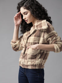 Thumbnail for the-lifestyle-co.-women-beige-&-brown-checked-faux-fur-trim-tailored-jacket