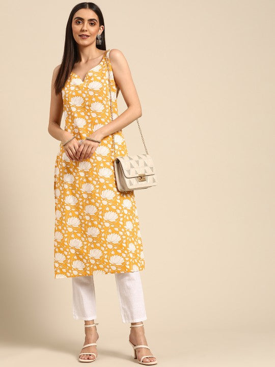 women-yellow-&-white-pure-cotton-floral-printed-floral-kurta