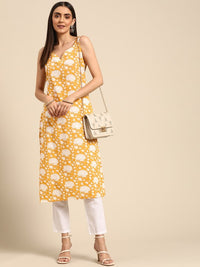 Thumbnail for women-yellow-&-white-pure-cotton-floral-printed-floral-kurta