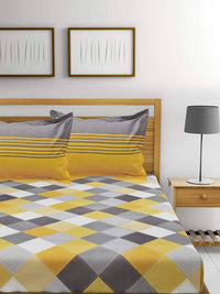 Thumbnail for Vamika Printed Cotton Yellow & Multicolor Bedsheet With Pillow Covers (LEOC_CHECK_Y)