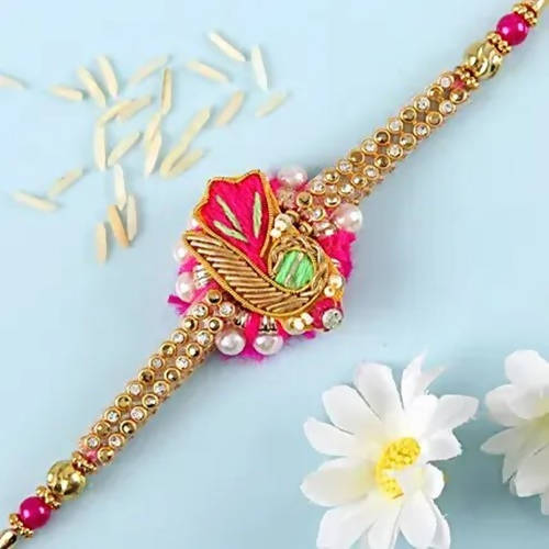 Delightful Pink Zardosi Rakhi & Kaju Katli Box