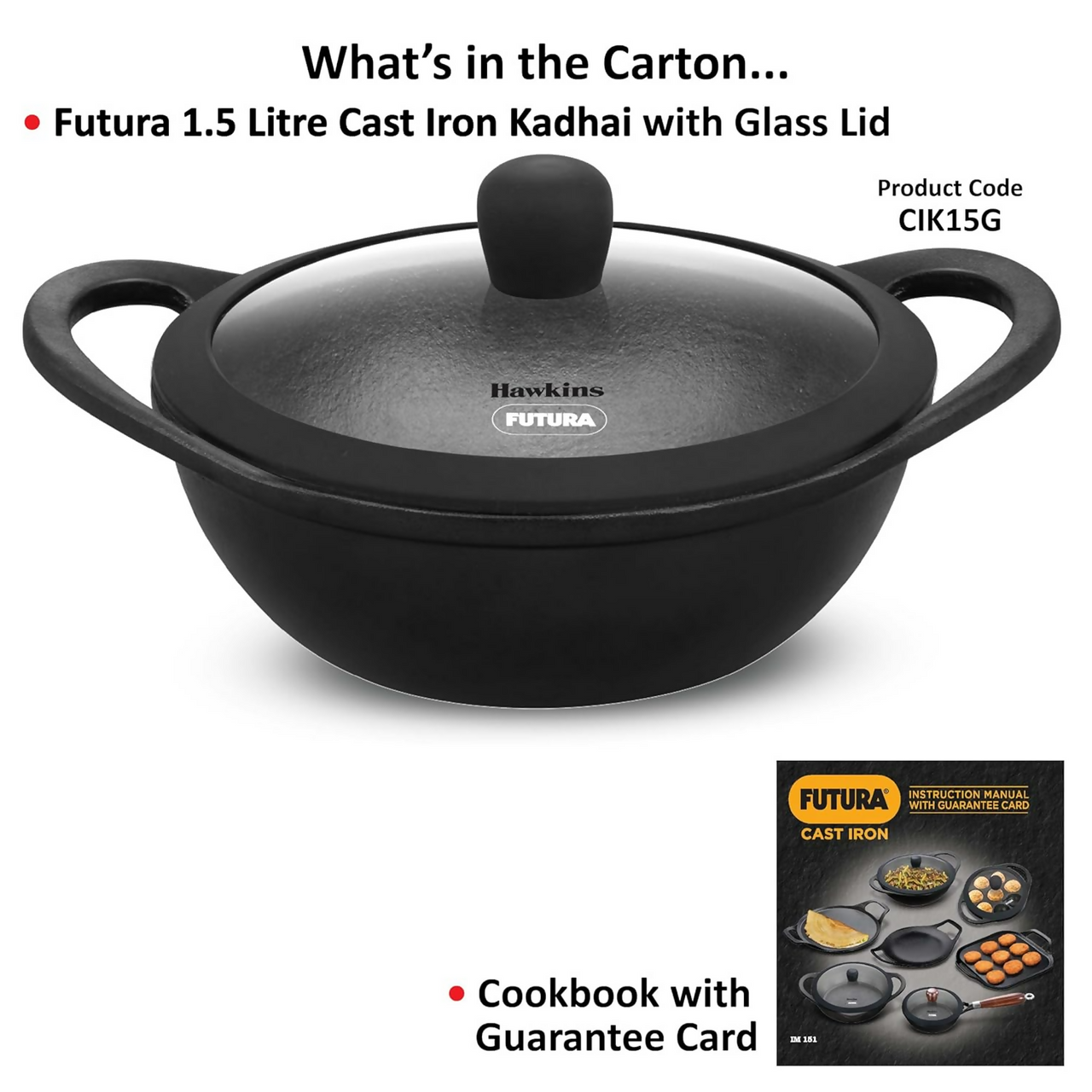 Hawkins Futura Cast Iron Nonstick Kadai with Glass Lid