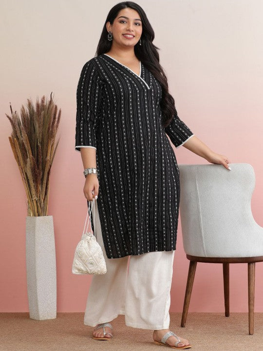 Women Woven Design Striped Straight Kurta