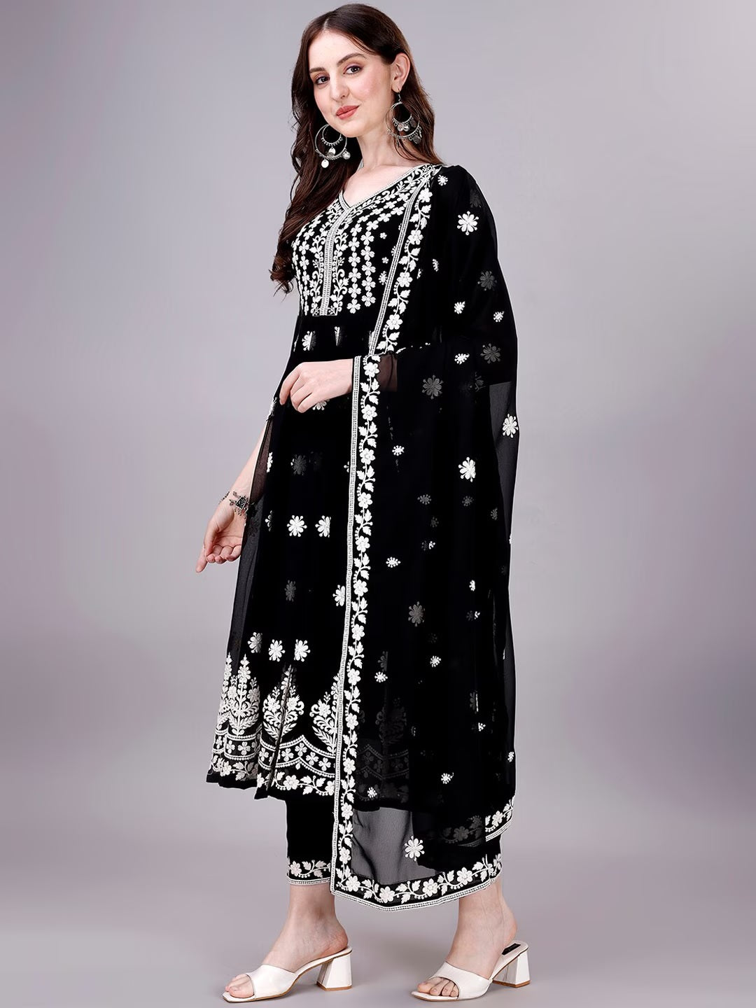 Women Chikankari Kurta Set with Trousers & Dupatta