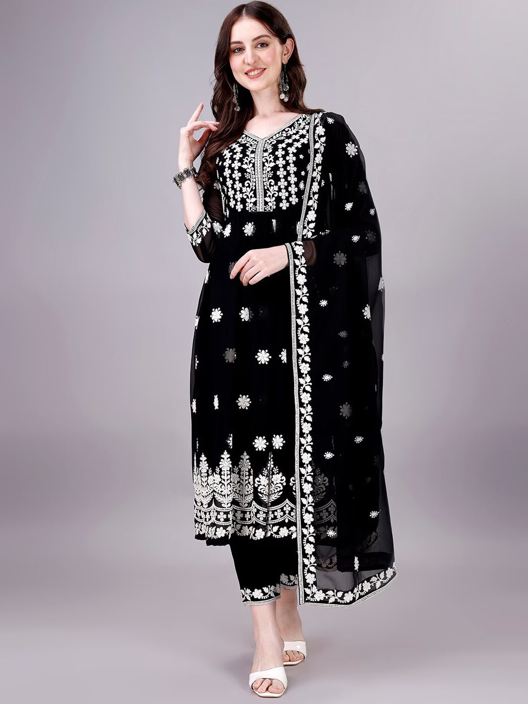 Women Chikankari Kurta Set with Trousers & Dupatta