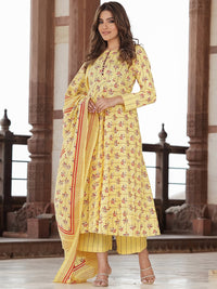 Thumbnail for Women Printed Pure Cotton Anarkali Kurta Set with Palazzos & Dupatta