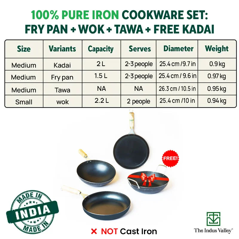 The Indus Valley 100% Pure Iron Cookware Set: Tawa+ Fry Pan+ Wok, Toxin