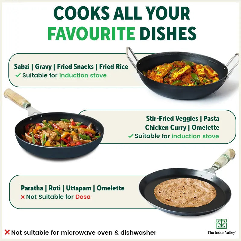 The Indus Valley 100% Pure Iron Cookware Set: Kadai+ Tawa+ Fry Pan, Toxin