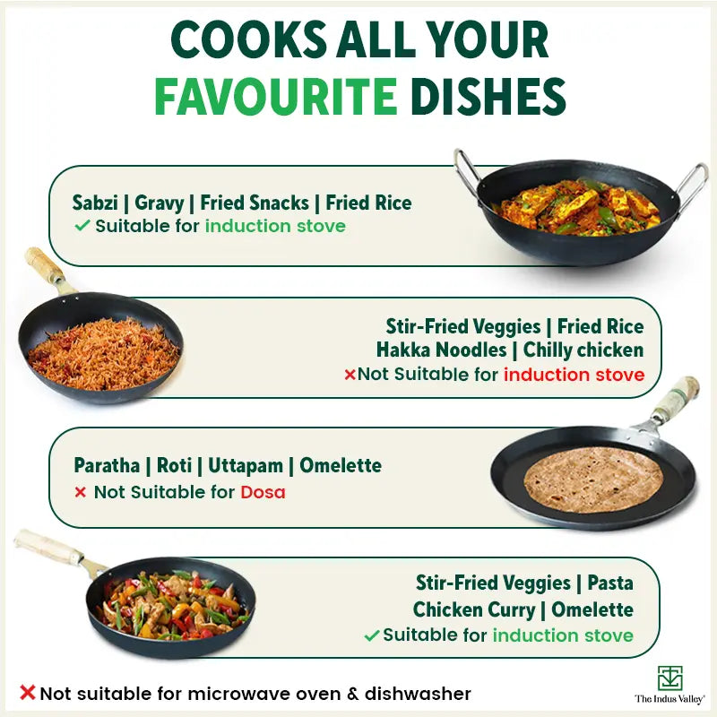 The Indus Valley 100% Pure Iron Cookware Set: Tawa+ Fry Pan+ Wok, Toxin