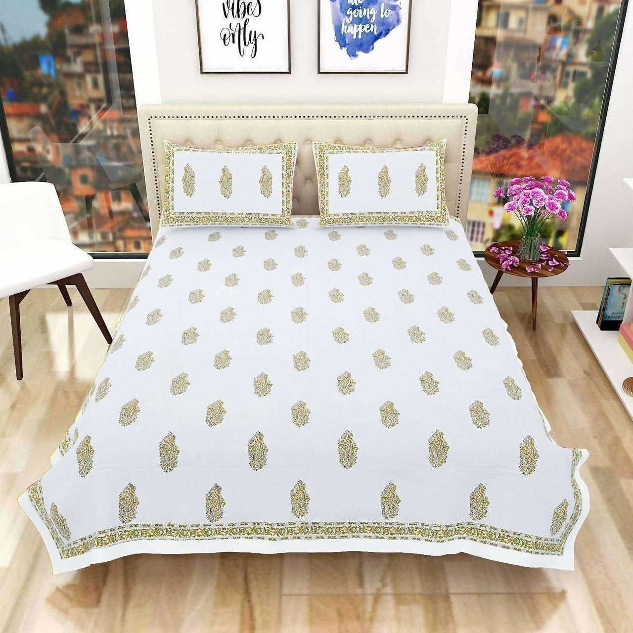 Premium Hand Block Printed Rajasthani Double Bedsheet Bedspread with 2 Pillow Covers